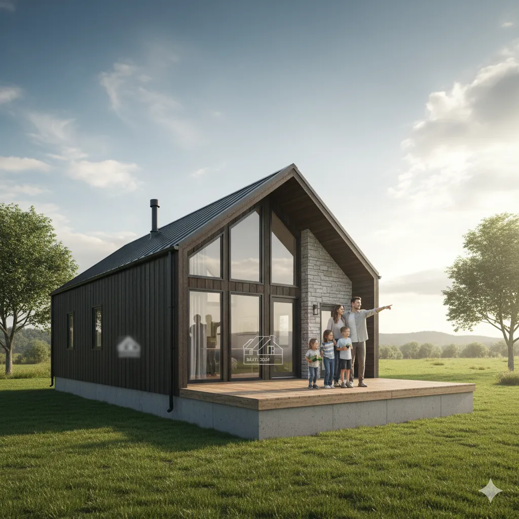 A modern family stands proudly in front of their durable modular home, symbolizing how long do modular homes last with proper care.