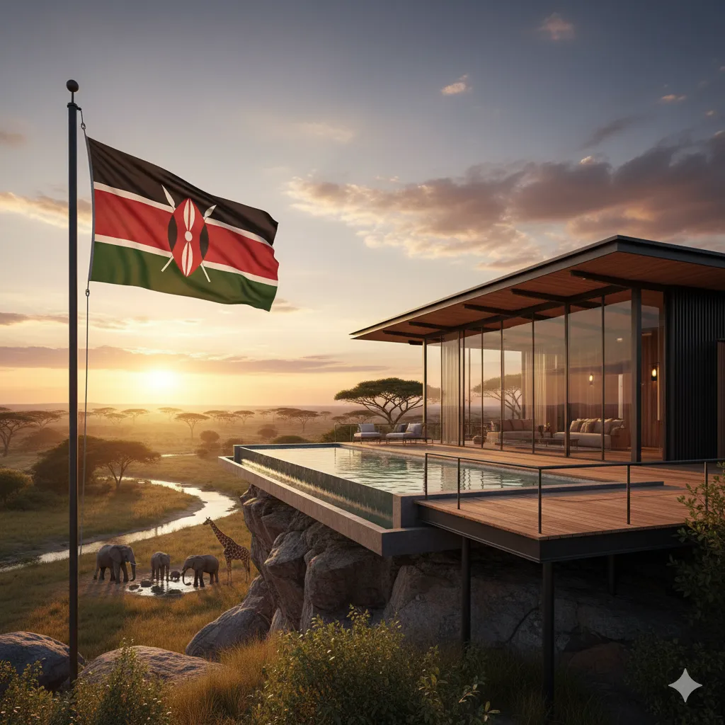 Experience Advanced Building Systems Kenya: A stunning prefab home with an infinity pool overlooking the savanna at sunset, complete with wildlife, and the Kenyan flag.
