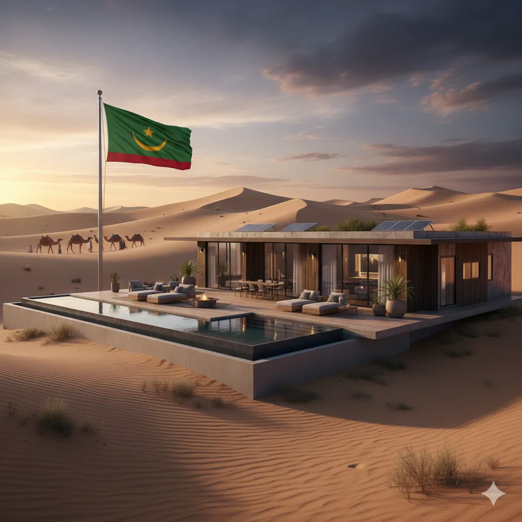 Experience Advanced Building Systems Mauritania: A modern prefab home with a pool nestled in a vast desert landscape, featuring a distant camel caravan and the Mauritanian flag at sunset.
