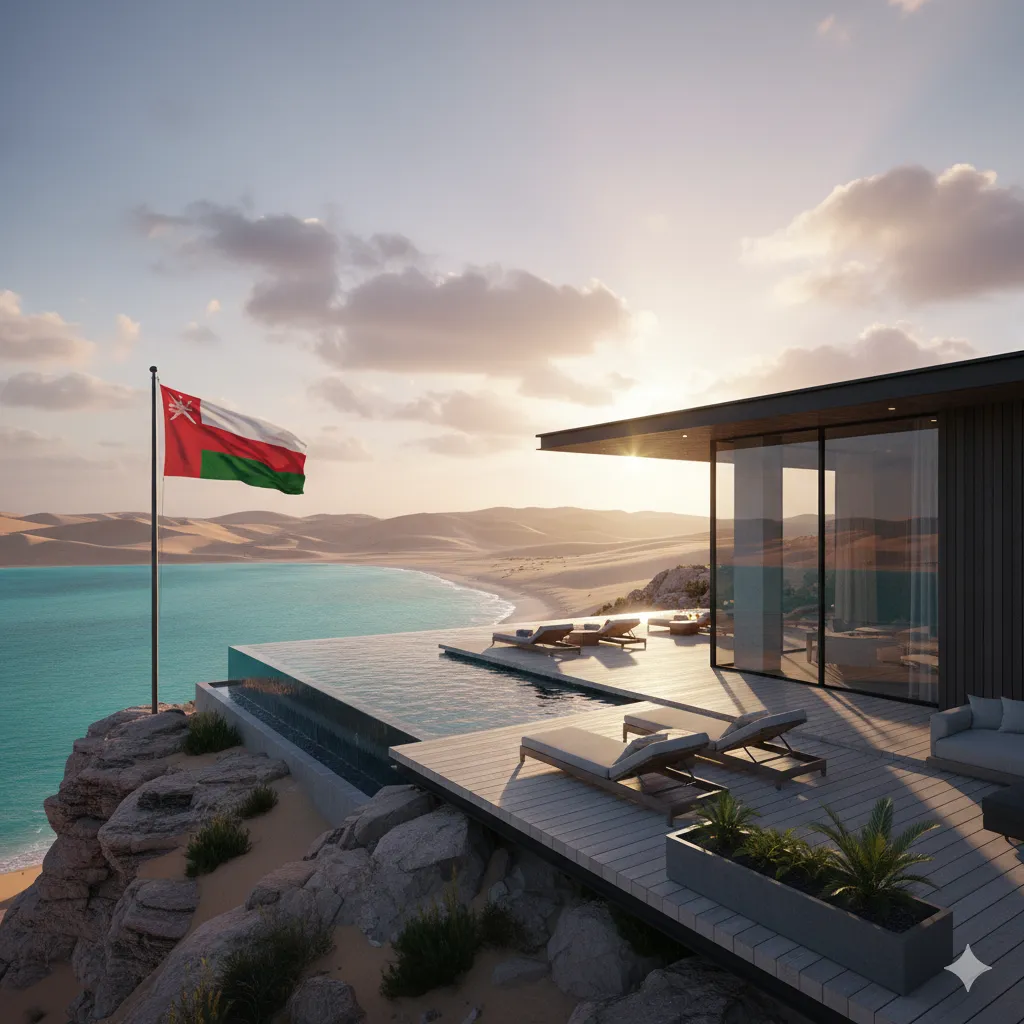 Experience Advanced Building Systems Oman: A luxurious prefab home with an infinity pool overlooking a pristine beach and desert landscape at sunset, with the Omani flag.