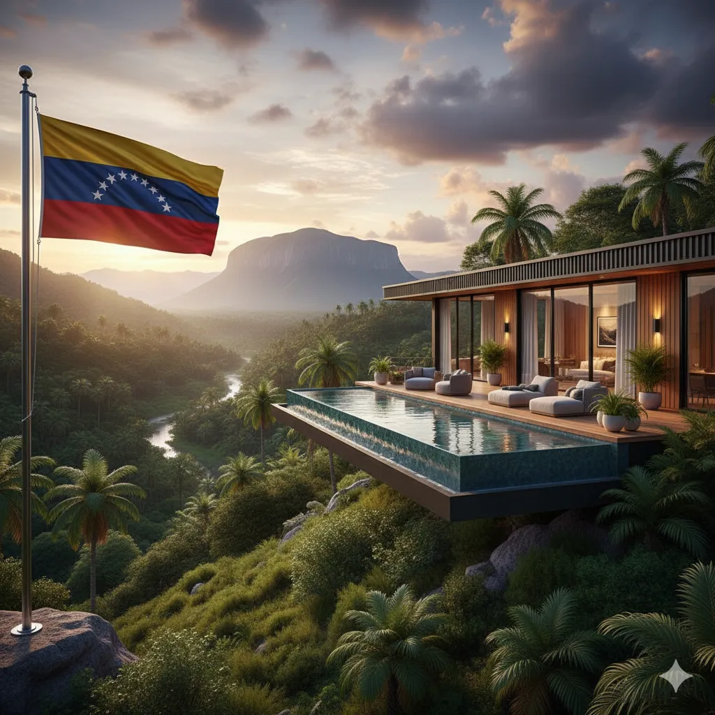 Explore Essential Infrastructure Solutions Venezuela: A luxurious prefab home with an infinity pool overlooking a vibrant tropical landscape, complete with mountains and a river, with the Venezuelan flag at sunset.