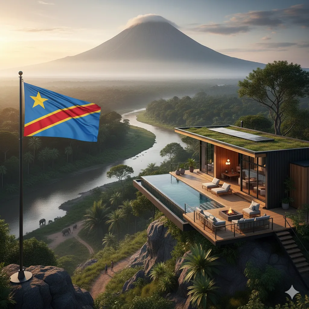 Explore Advanced Building Systems DRC: A modern prefab home with a green roof and infinity pool, set against a backdrop of lush jungle, a winding river, and a majestic volcano, with the DRC flag.