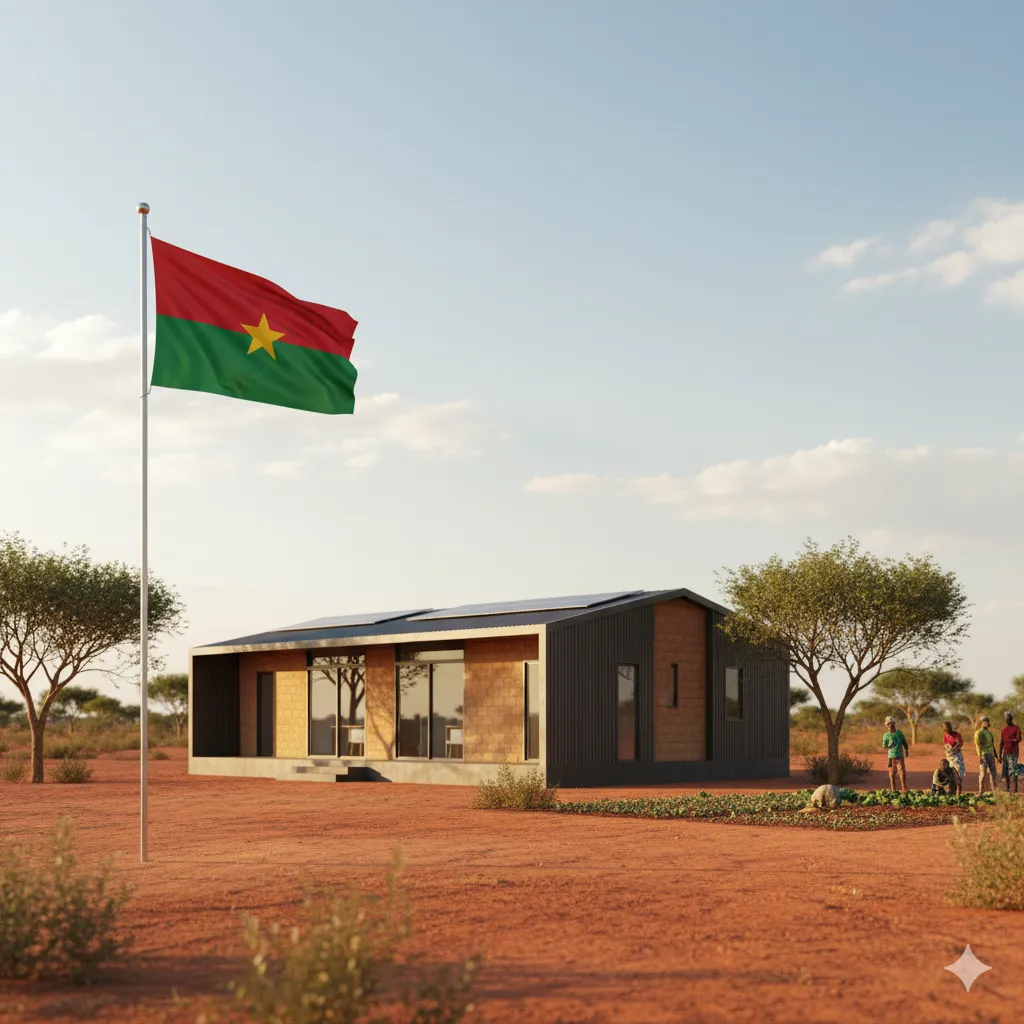 Explore Modern Construction Burkina Faso: A contemporary prefab home with solar panels, set in the arid landscape with acacia trees, showcasing sustainable living alongside the vibrant Burkina Faso flag.