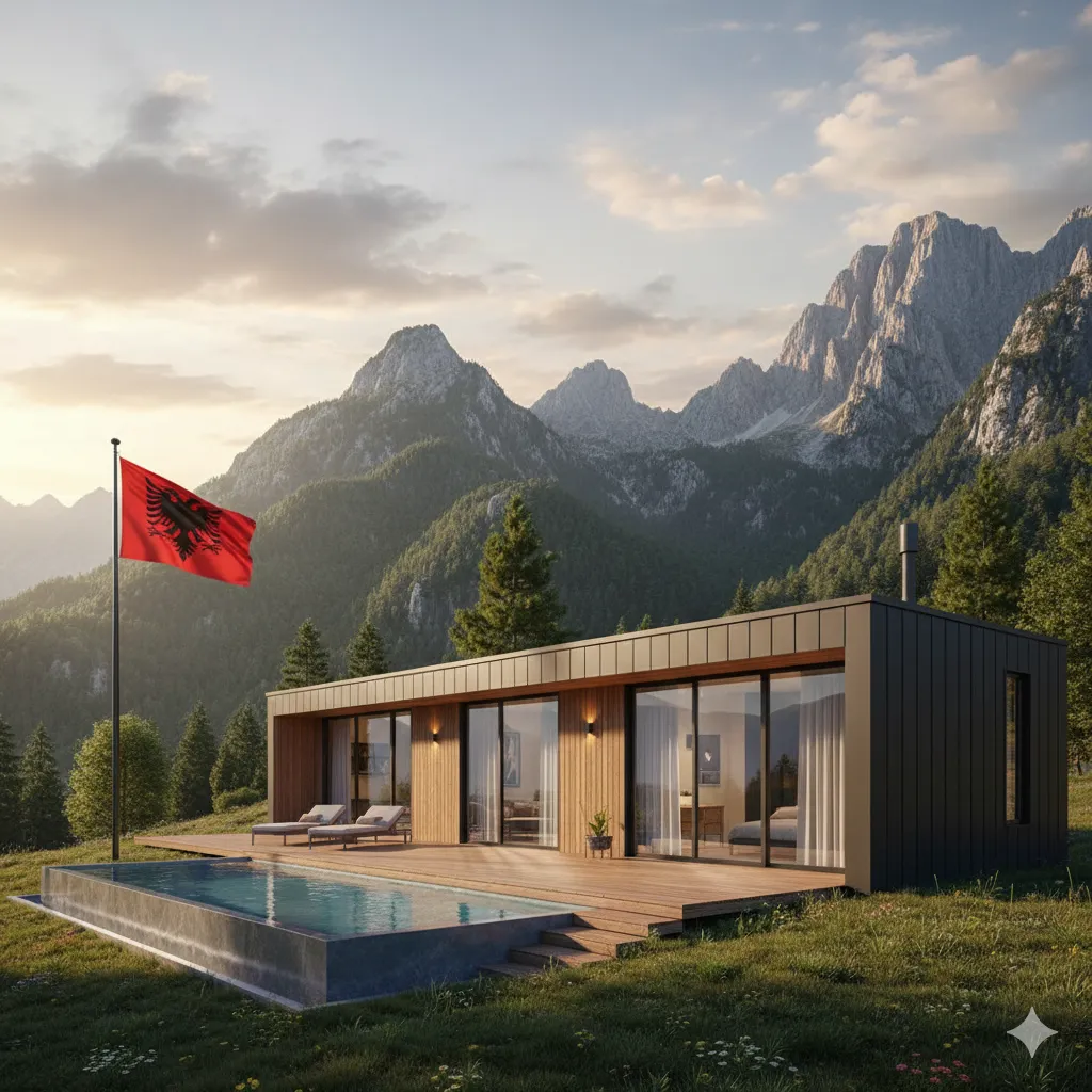 Discover Modern Construction Solutions in Albania: A stylish prefab home nestled in Albania's majestic mountains, featuring a pool and wooden deck, with the Albanian flag waving proudly against a serene backdrop.
