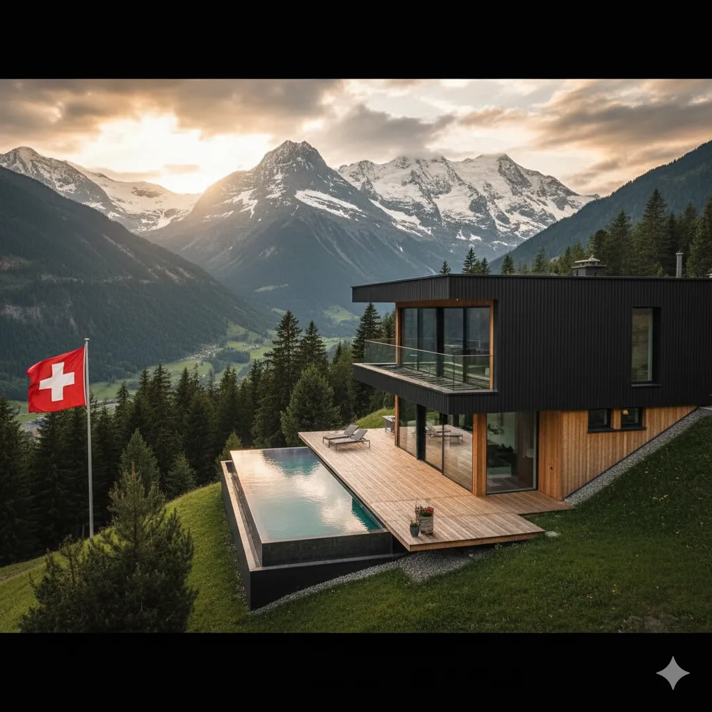 Discover Modern Construction Switzerland: A luxurious prefab chalet nestled in the Alps, featuring an infinity pool with stunning mountain views and the Swiss flag.