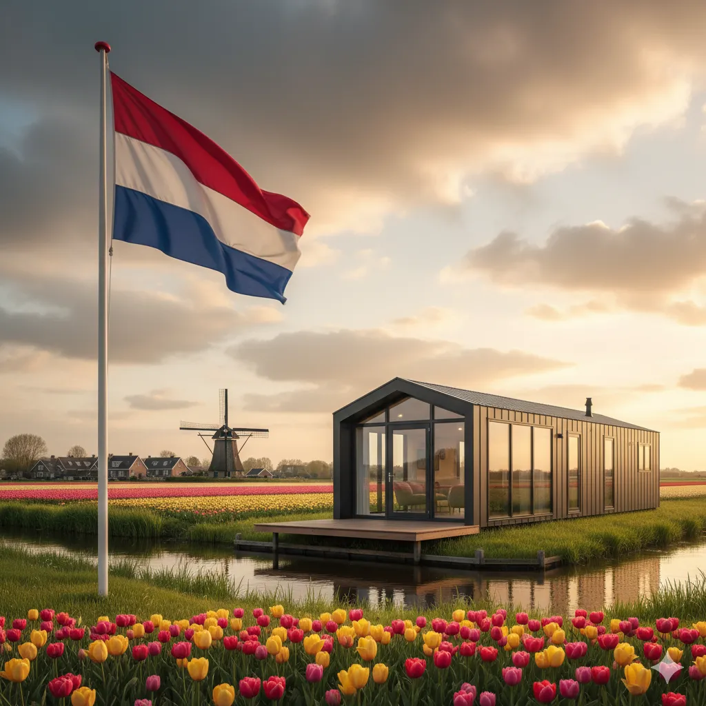 Modular Homes Netherlands a modern prefab house, embodying Modular Homes Netherlands, nestled among vibrant tulip fields and a canal at sunset, featuring a distant windmill and the Dutch flag.