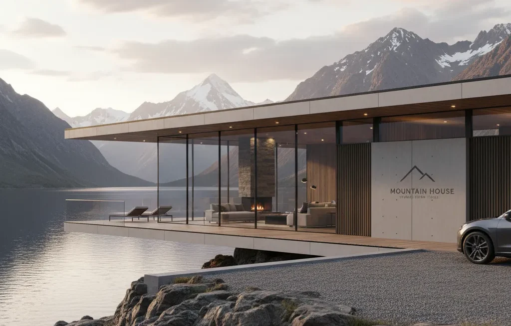 A contemporary Mountain House luxury prefab home, situated directly by a calm lake with snow-capped mountains in the background under a soft, overcast sky.