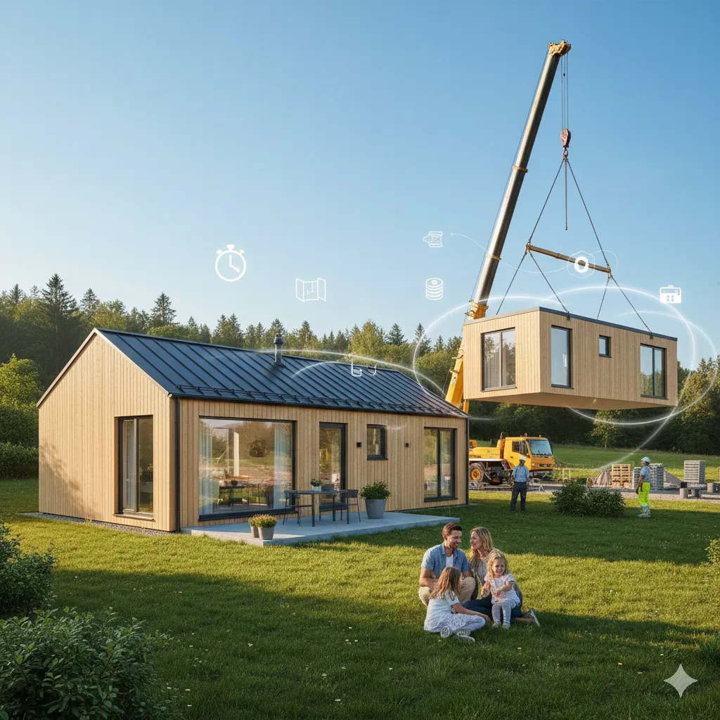 A happy family in front of their modern prefabricated home, with a crane placing another module and subtle icons indicating Off-site Construction Benefits like speed, quality, and savings.