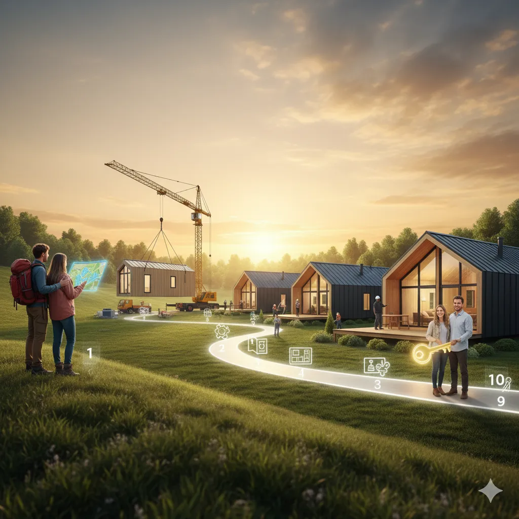 A couple overlooks a serene landscape where a path with numbered steps leads towards a new prefabricated home being constructed, symbolizing the journey of Owning a Prefab Home.