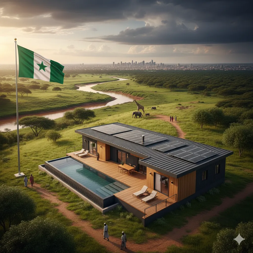 Explore Rapid Development Solutions Nigeria: A modern prefab home with solar panels and a pool, situated in a lush landscape with a river, distant wildlife, and a cityscape, proudly displaying the Nigerian flag.