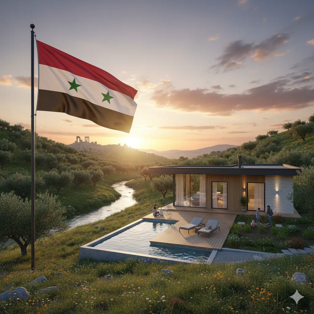 Envision Rapid Reconstruction Solutions Syria: A serene prefab home with a pool nestled in a peaceful, olive-treed landscape, with ancient ruins in the distance, embodying hope and the Syrian flag at sunset.