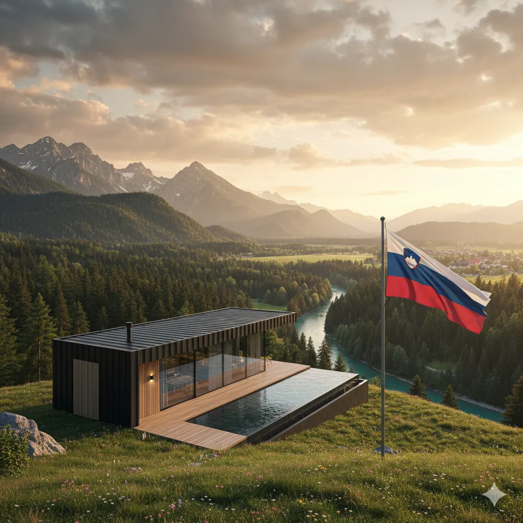 Discover Sustainable Building Systems Slovenia: A modern prefab home with an infinity pool, set amidst stunning Alpine landscapes and a winding river, with the Slovenian flag flying proudly.