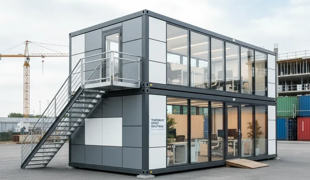 A two-story modular temporary office soolutions , constructed from stacked shipping containers, set on a gravel lot under a cloudy sky