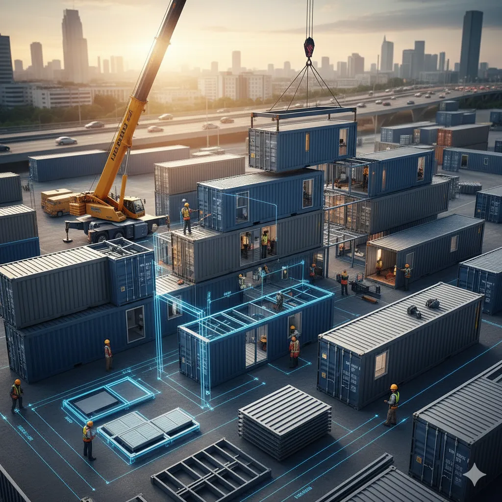 A construction site with a crane assembling a modular building, showcasing the speed and flexibility advantages of demountable containers.