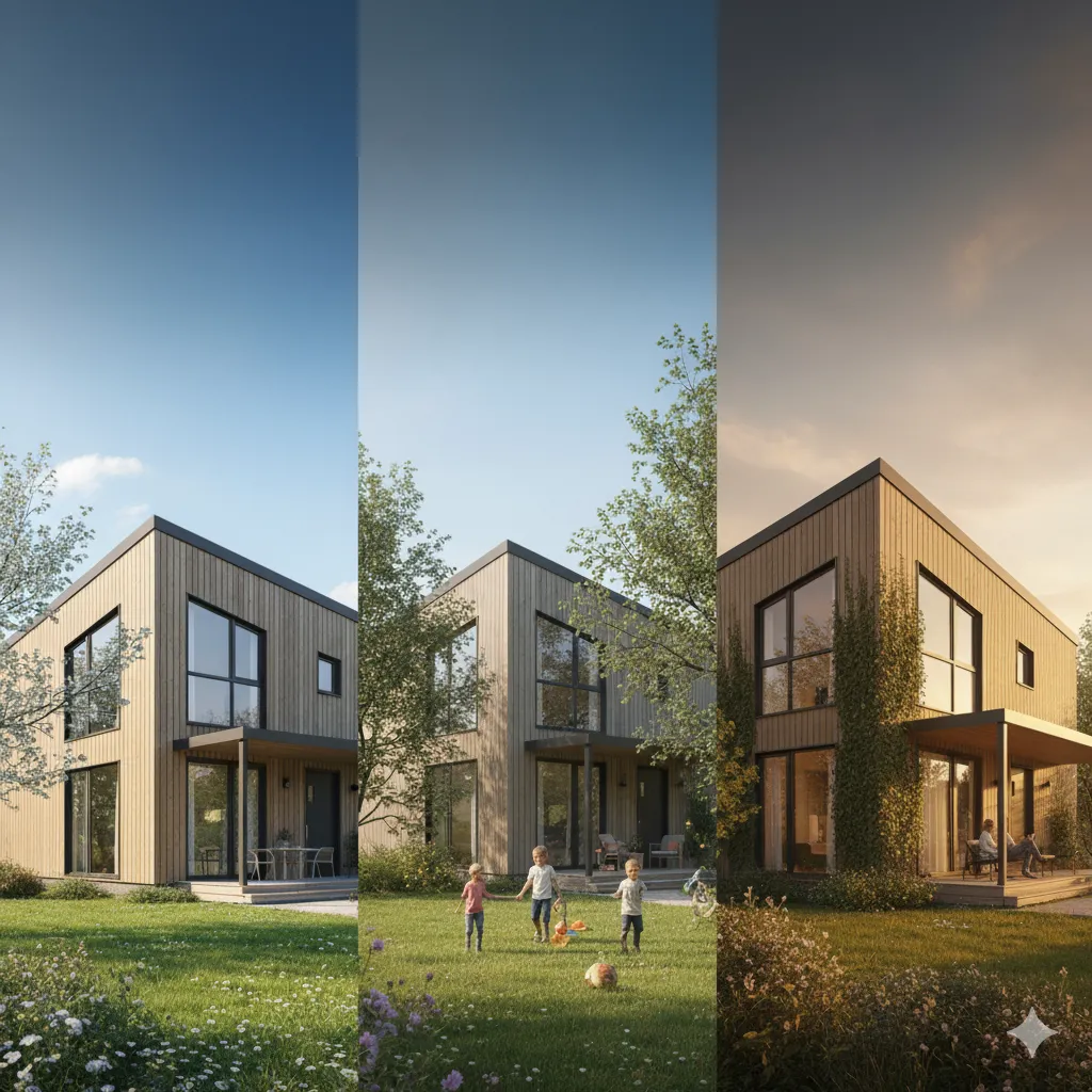 Modern bir prefabrik evin zaman içindeki yolculuğunu gösteren üçlü görsel. Bu imaj, 'prefabrik yapıların kullanım ömrü' (lifespan of prefabricated buildings) konusunu ve bu yapıların dayanıklılığını vurgular.