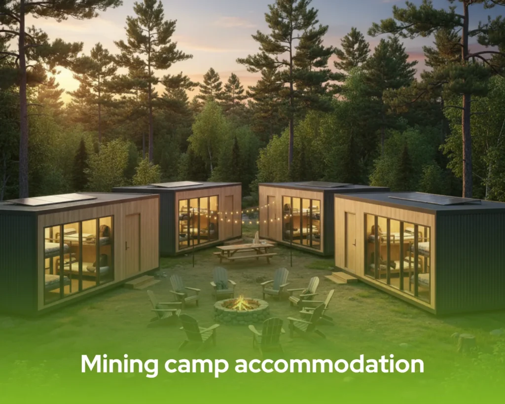 Modern mining camp accommodation units featuring durable modular dormitories and worker housing facilities designed for remote mining operations.