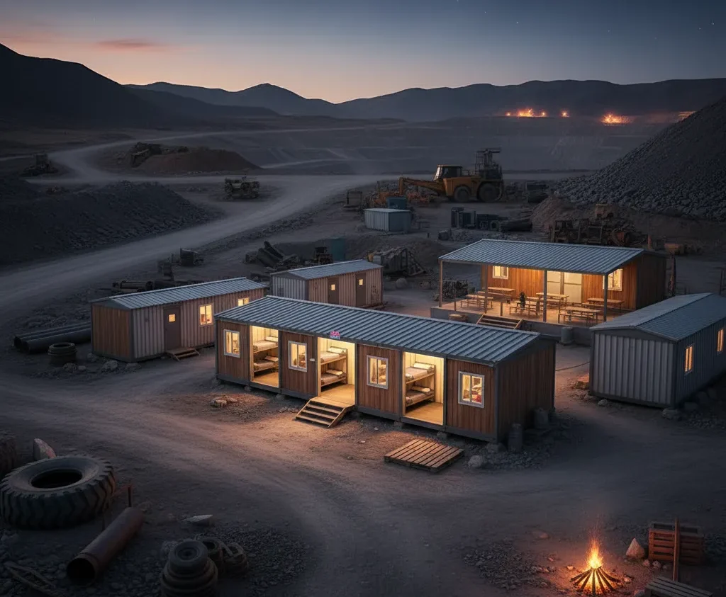 Modern mining camp accommodation units designed for workers in remote mining sites, featuring durable modular buildings and night-time camp lighting.