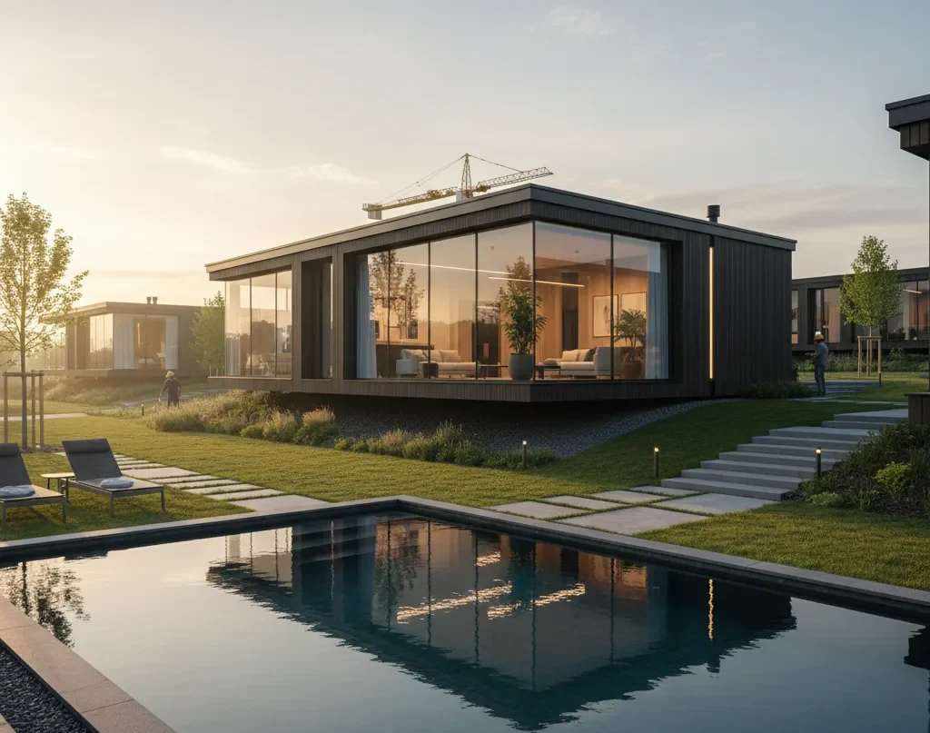Luxury and modern Ready Built Homes project by Pramo Prefabricated, featuring a pool and expansive glass facades at sunrise.