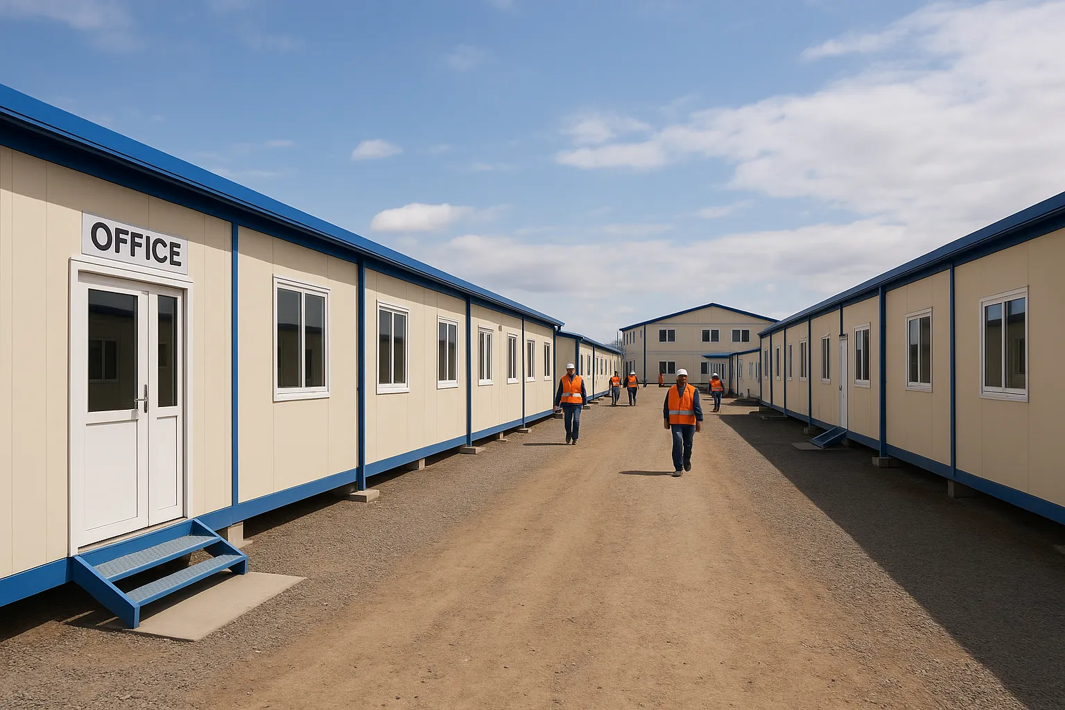 Well-organized modular site accommodation units forming a modern and efficient construction camp layout.