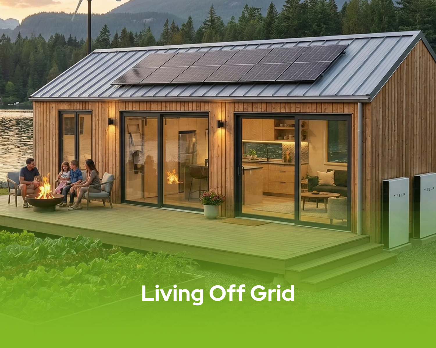 Sustainable off-grid home with solar energy and natural landscape