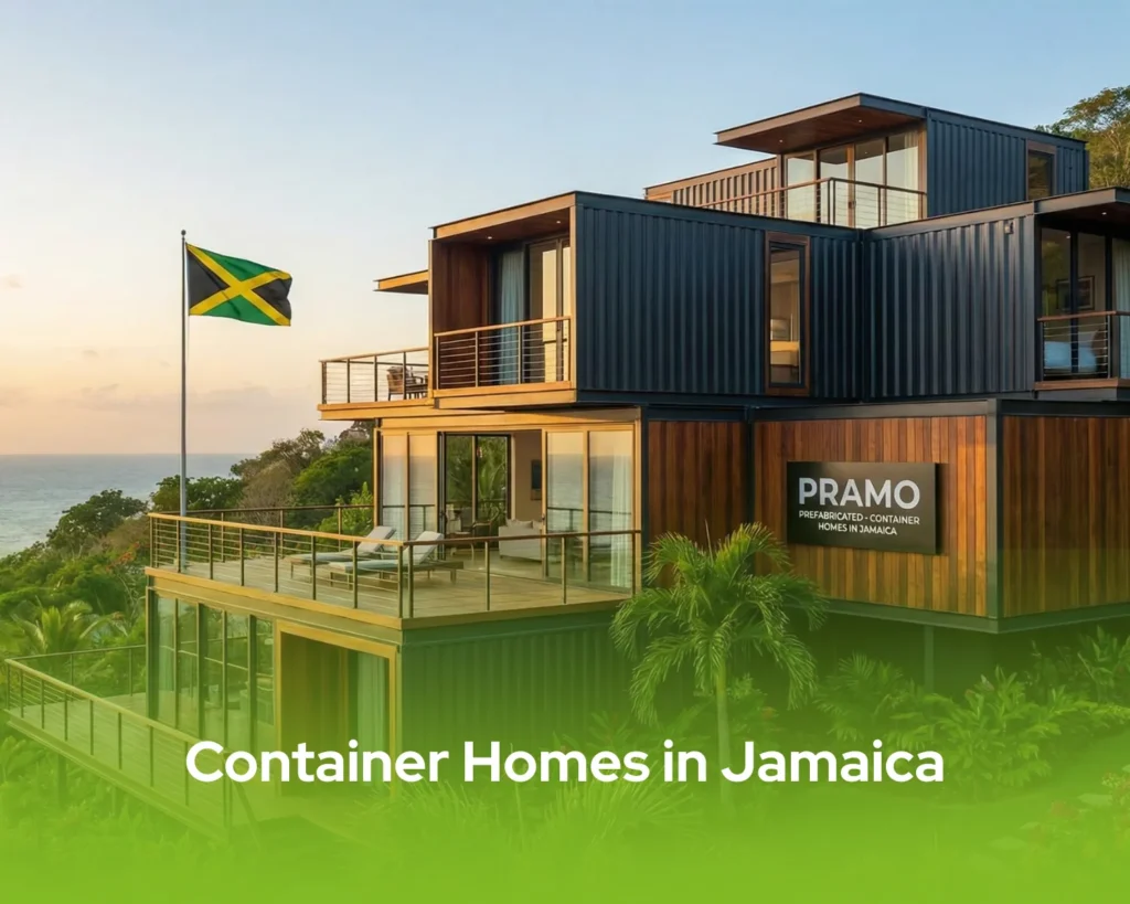 Modern container homes in Jamaica, a light steel prefab house with an infinity pool, ocean view, and the Jamaican flag.