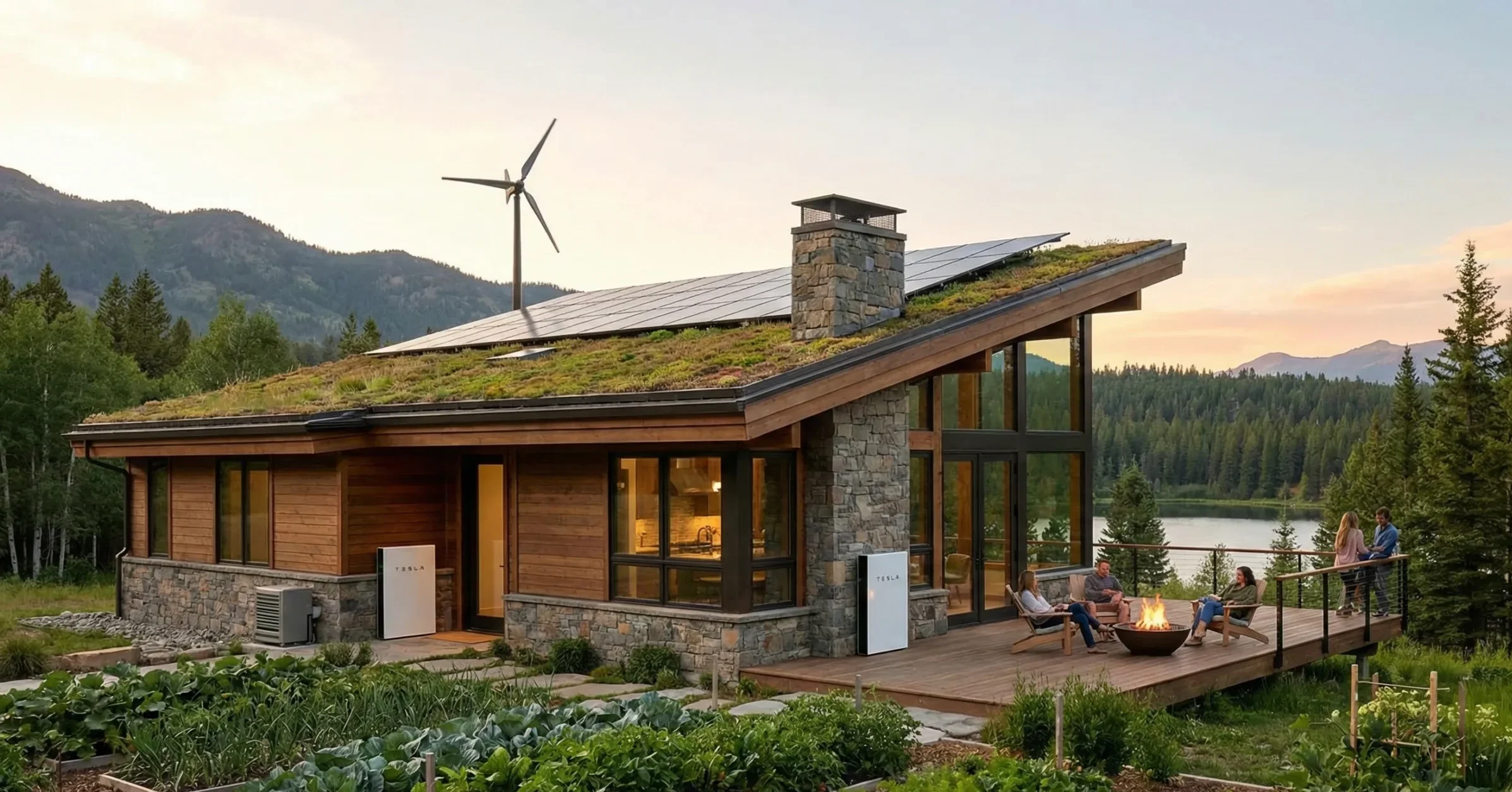 Güneş panelleri, yeşil çatı ve rüzgar türbini ile donatılmış, önünde sebze bahçesi bulunan orman manzaralı modern sürdürülebilir ev.