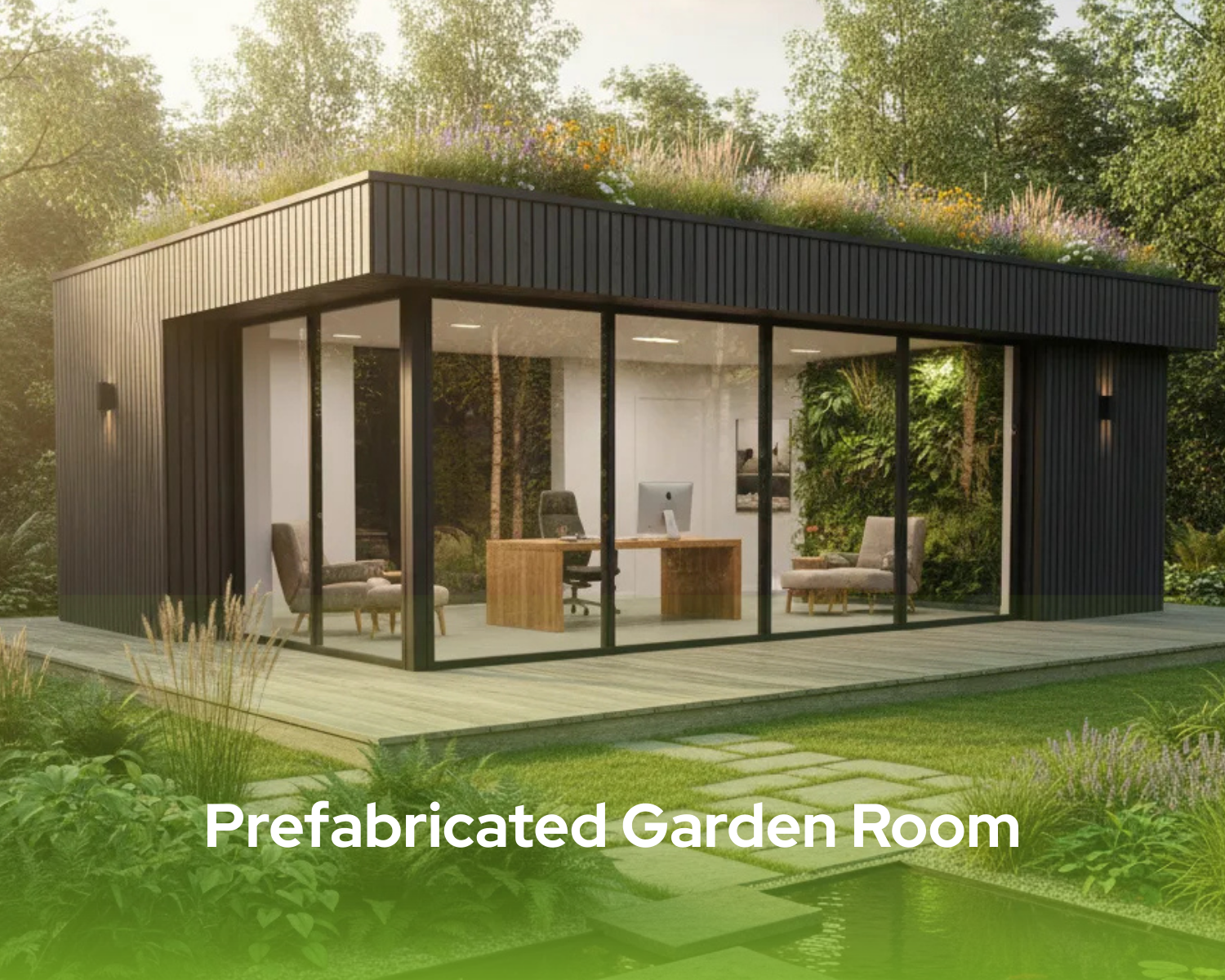 Prefabricated Garden Room: Modern wooden studio with a green roof, expansive glass, and a sleek design, ideal as a backyard office.