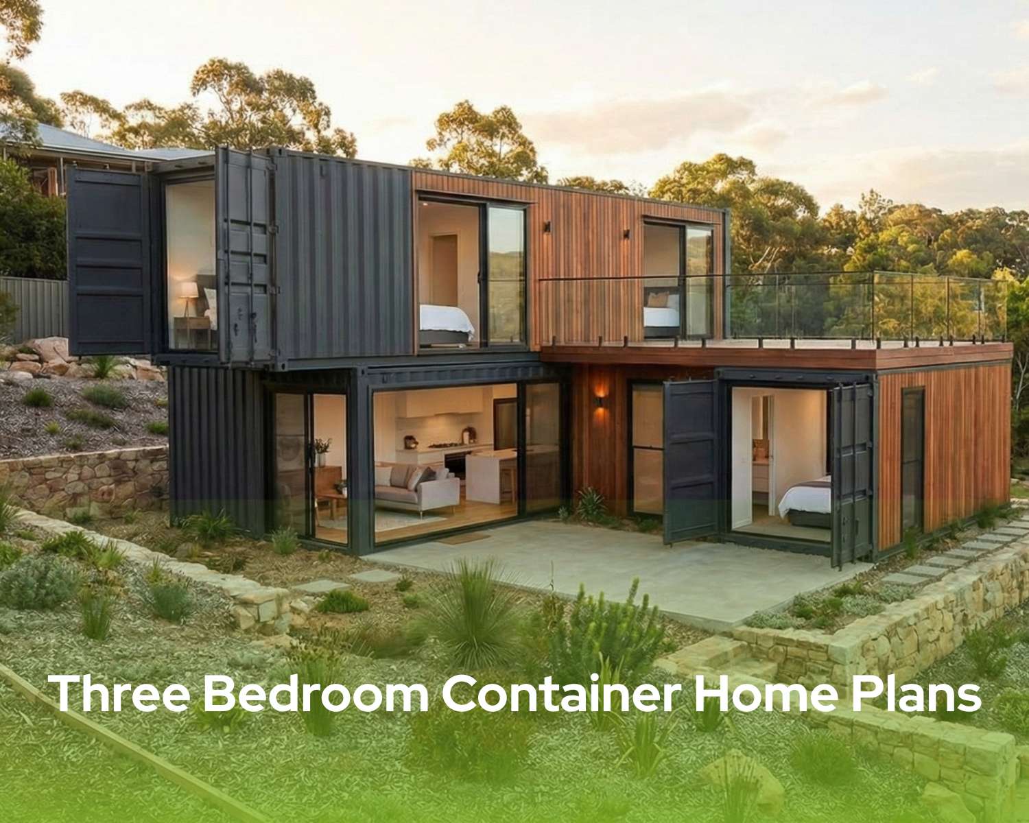 Three Bedroom Container Home Plans exterior of a modern designed sustainable 3 bedroom container house.