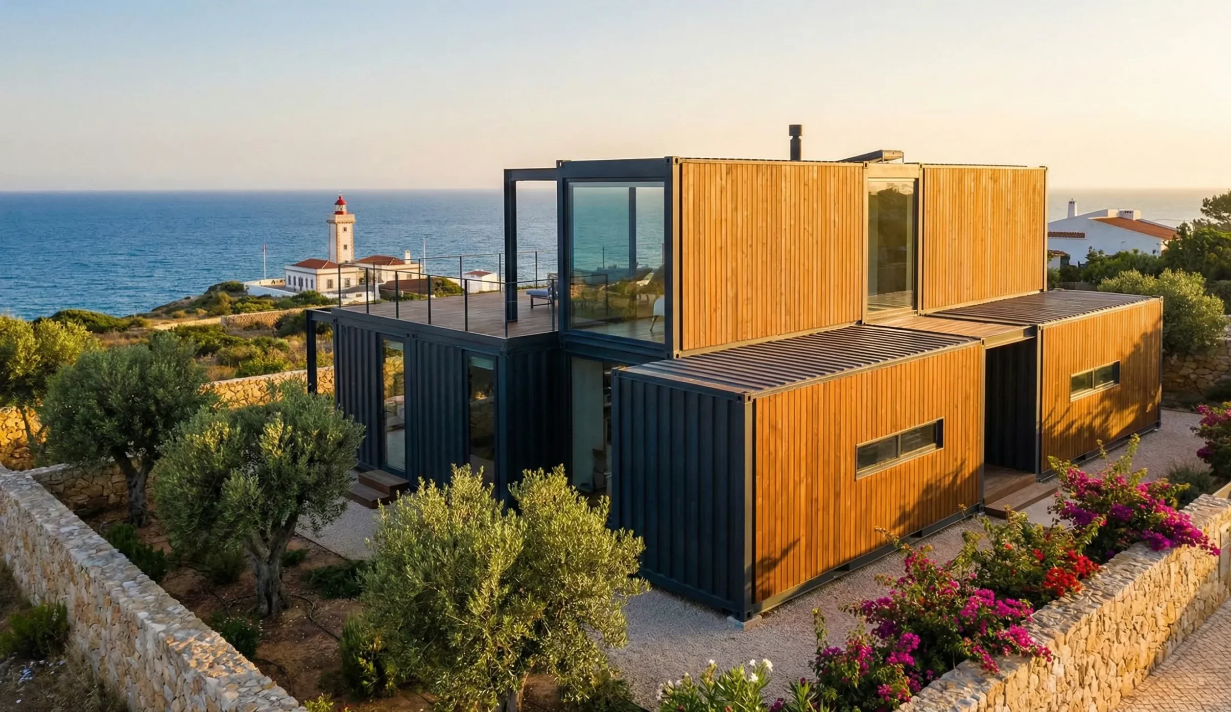 Spacious living room interior inside a container home in Portugal showcasing modern finishes and natural light.